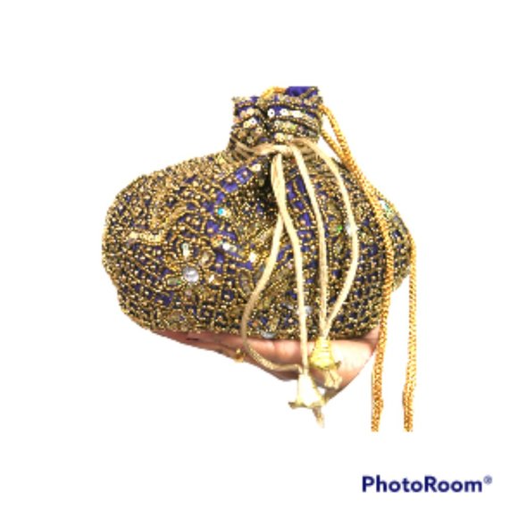 NWT Royal Blue Gold Pearl and Sequence embroidered bucket bag/potli - Picture 3 of 3